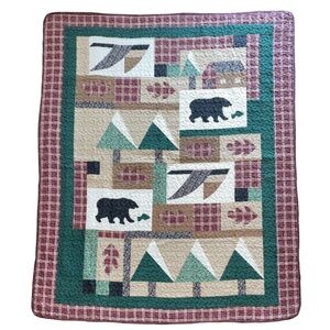 Patchwork Quilted 50x60" Throw Blanket Cabin Camping Cottage Rustic Nature Bear